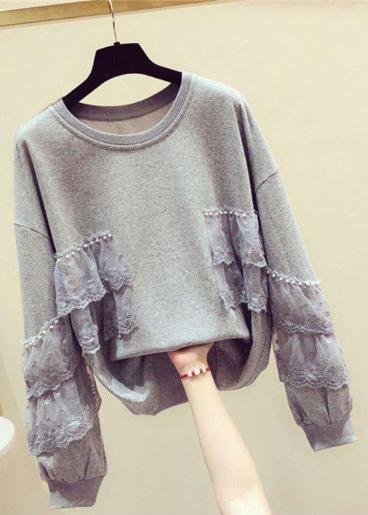 Loose Grey Pearl Lace Patchwork Cotton Spring