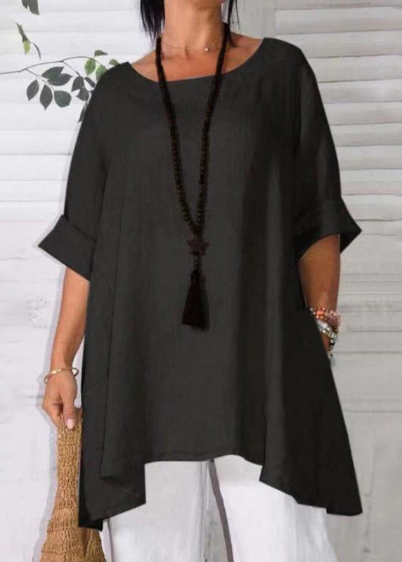 Loose Apricot O Neck Pockets Linen T Shirts Half Sleeve Fall