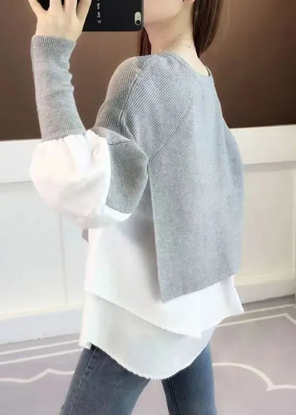 Grey O Neck False Two Pieces Patchwork Knit Sweater Top Fall