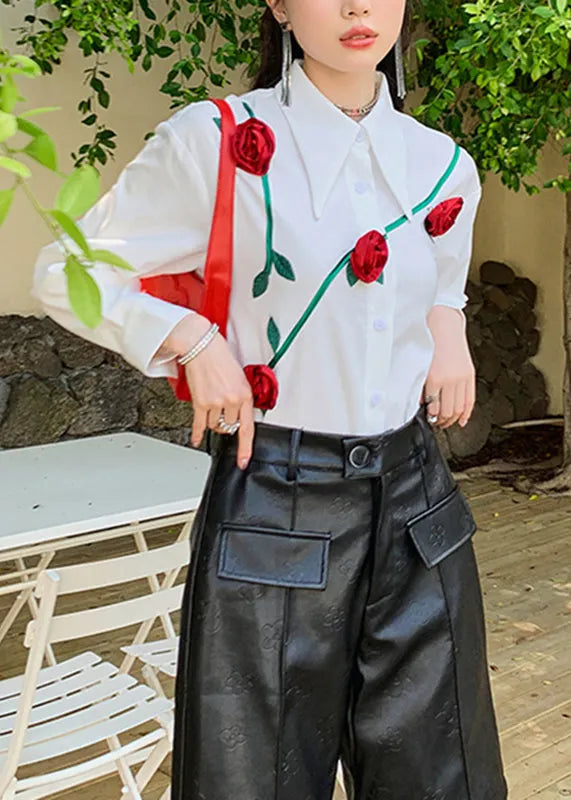Italian White Peter Pan Collar Roses Patchwork Button Shirt Long Sleeve