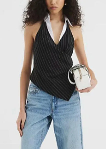 Slim Fit Black Backless Striped Cotton Tank Sleeveless