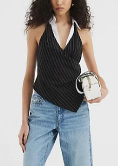 Slim Fit Black Backless Striped Cotton Tank Sleeveless