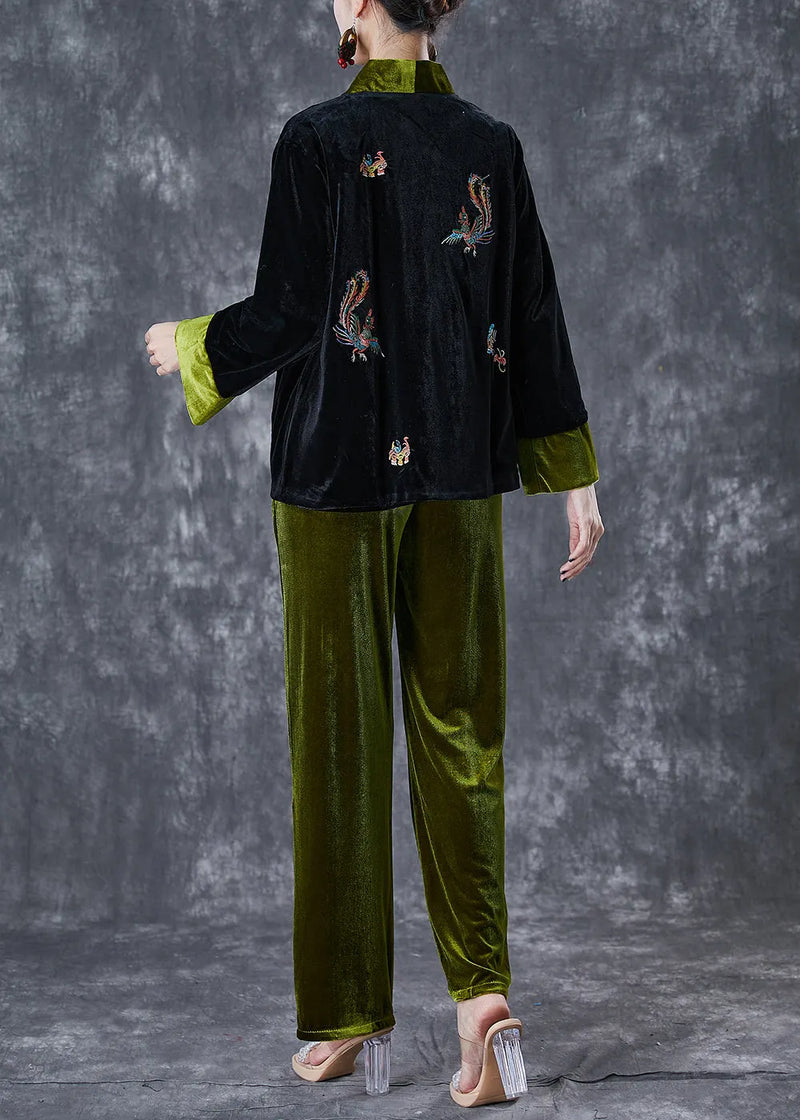 Blackish Green Embroideried Patchwork Silk Velour Two Pieces Set Fall