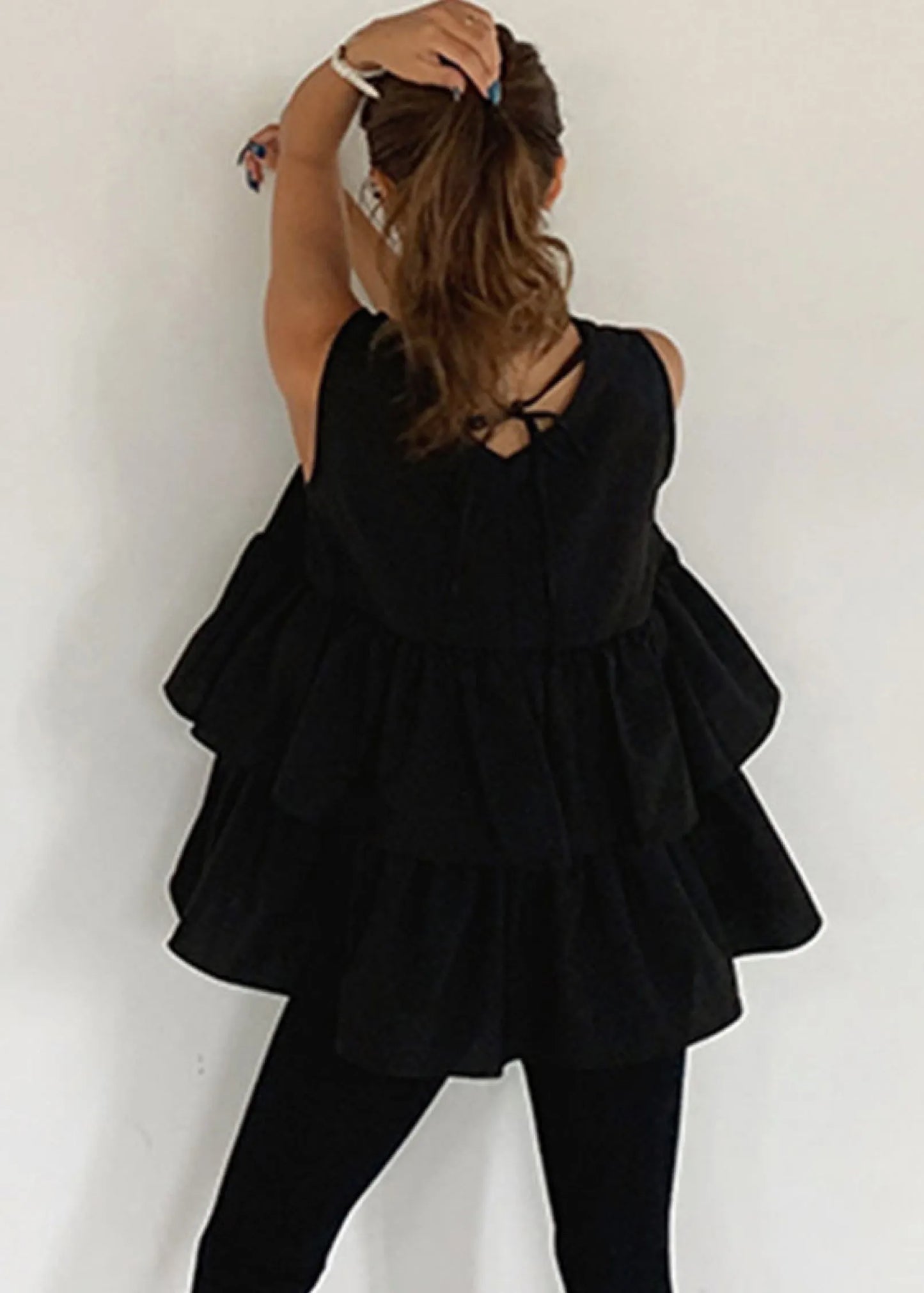 French Black Ruffled Cotton a Line Tank Sleeveless
