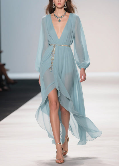 Original Design Pale Mint Blue Low High Design Chiffon Long Dress Spring