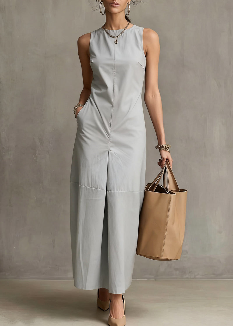 Simple Light Blue Pockets Cotton Long Dresses Sleeveless