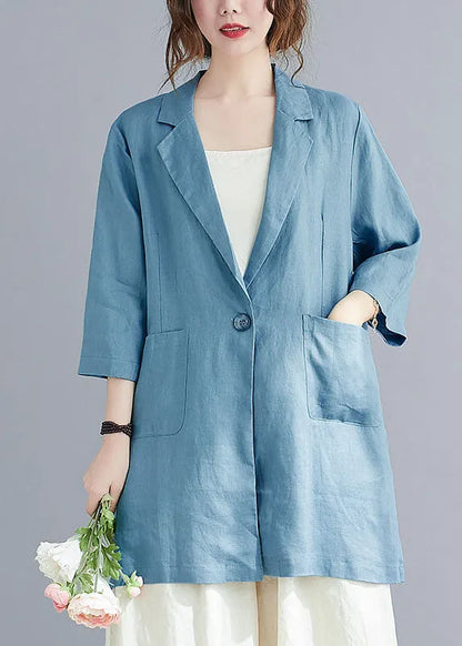 Natural Blue Notched Button Pockets Fall Three Quarter Sleeve Blouse Top