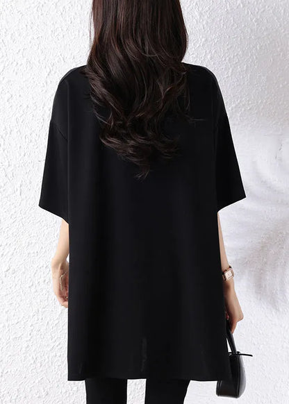 Classy Black Oversized Drawstring Scarf Cotton Long Tops Half Sleeve