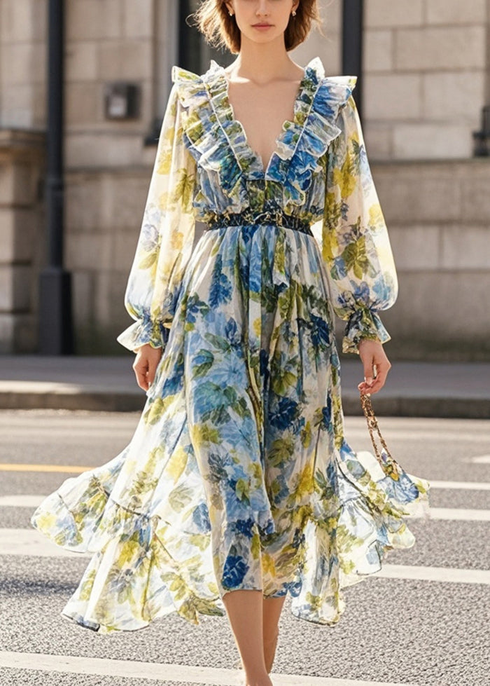 Print Ruffled Silm Fit Chiffon Beach Dress Fall