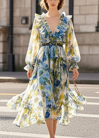 Print Ruffled Silm Fit Chiffon Beach Dress Fall