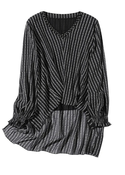 Black V Neck Low High Design Letter Striped Chiffon Top Long Sleeve