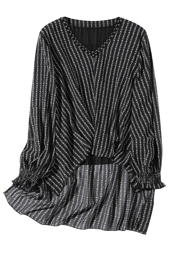 Black V Neck Low High Design Letter Striped Chiffon Top Long Sleeve