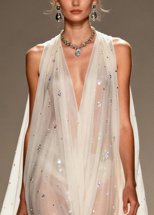 White Rhinestone Draping Chiffon Sheer Dress Sleeveless Summer