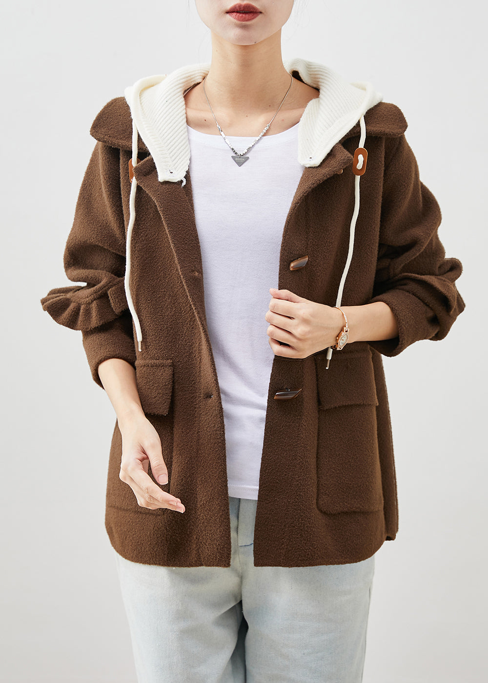 Chocolate Ruffled Patchwork Woolen Coat Spring