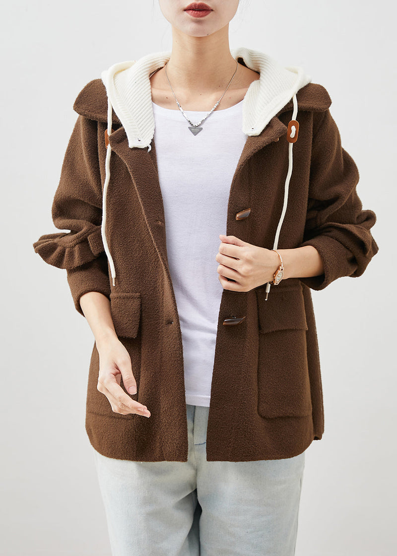 Chocolate Ruffled Patchwork Woolen Coat Spring