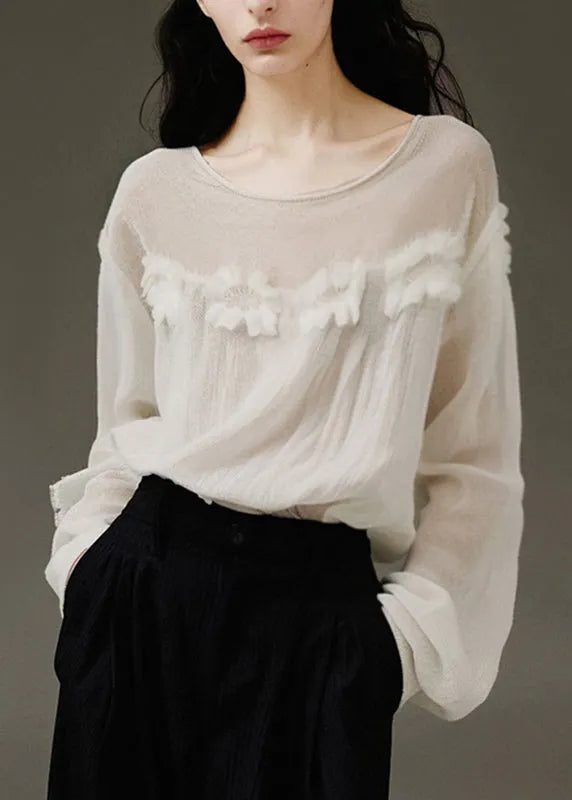 Modern White O-neck Patchwork Tulle Top Lantern Sleev