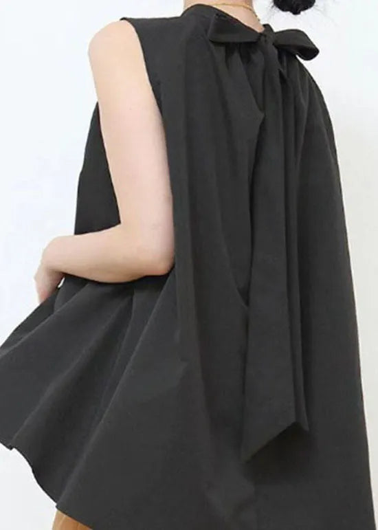 Black Wrinkled Patchwork Bow Cotton Blouses Sleeveless