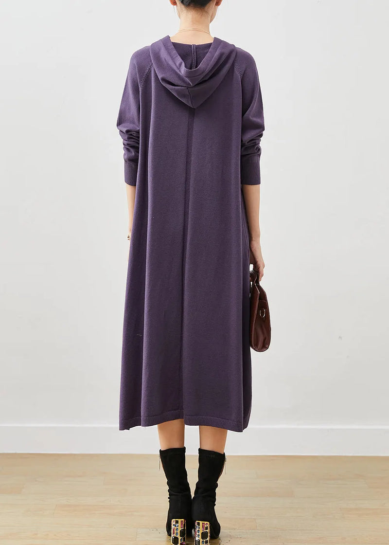 Dull Purple Hooded Side Open Knit Dress Spring