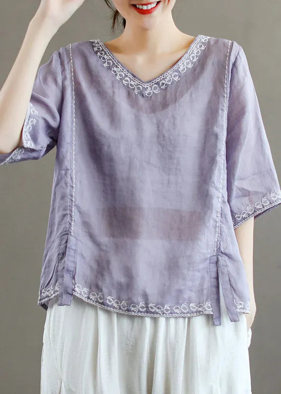 Stylish Purple V Neck Embroideried Linen T Shirt Half Sleeve