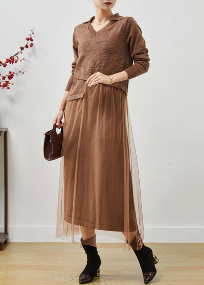 Khaki Jacquard Patchwork Wool Tulle Dress Summer