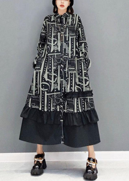 Black Peter Pan Collar Button Print Asymmetrical Design Dress Fall Long Sleeve
