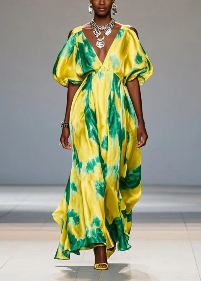 Yellow Cold Shoulder Print Silk Maxi Dresses Lantern Sleeve Summer