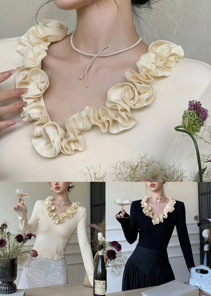 Apricot Ruffled Cotton T Shirt V Neck Spring
