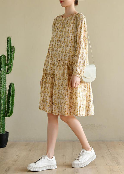 Art Beige Print Cotton Asymmetrical Design Summer Work Dress