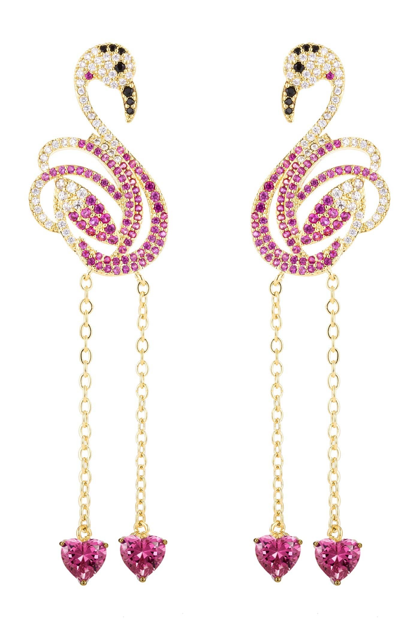 Pink Flamingo 18k Gold Plated Cz Drop Earrings