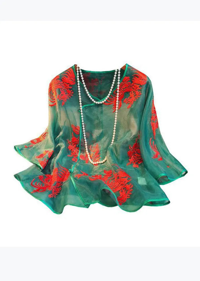 Original Green Embroidered Silk Blouses Long Sleeve