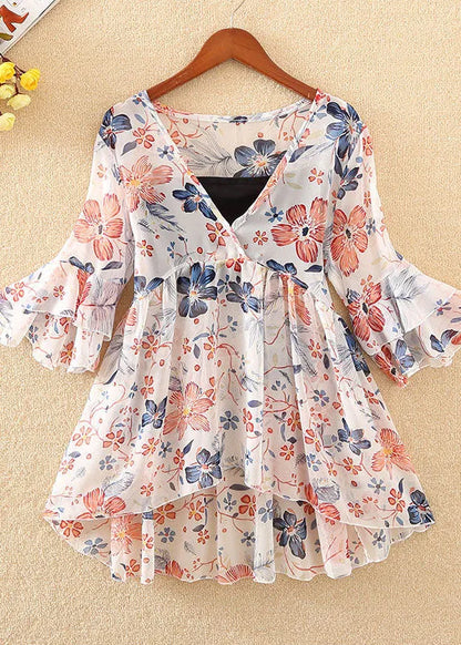 Unique Red V Neck Chiffon Shirt Tops Flare Sleeve