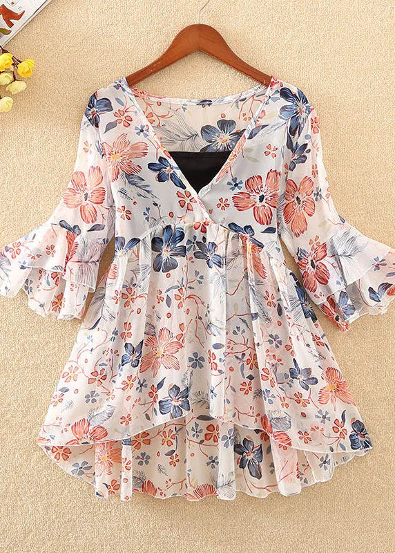 Unique Red V Neck Chiffon Shirt Tops Flare Sleeve