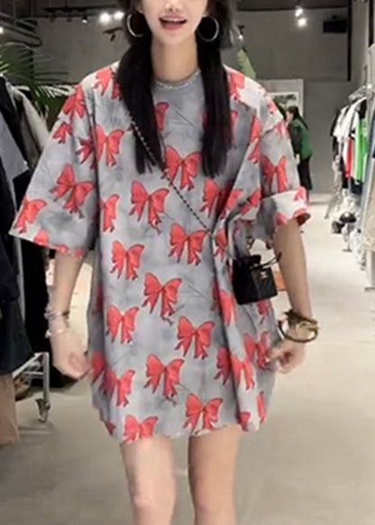 Loose Red O-neck Bow Print T Shirt Summer