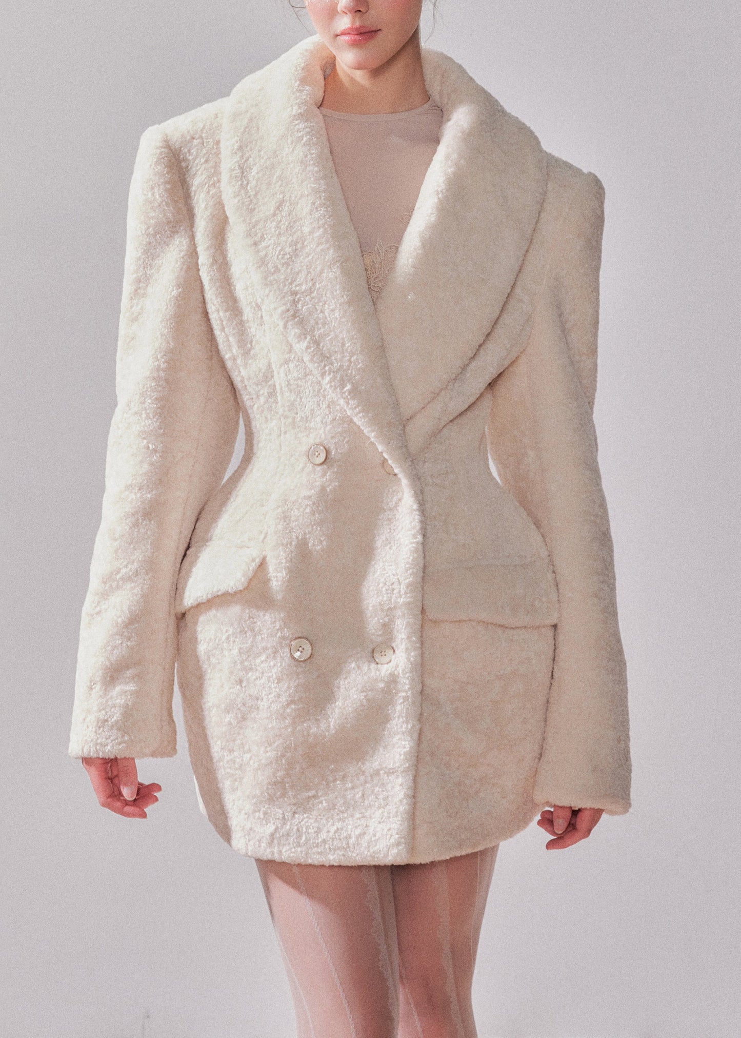 White Notched Patchwork Button Faux Fur Coats Winter
