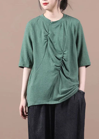 Green Wrinkled Knit Blouses Half Sleeve