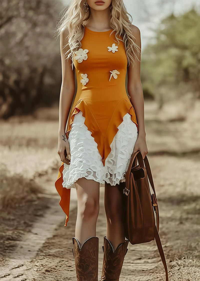 Orange Asymmetrical Cotton Tanks Sleeveless
