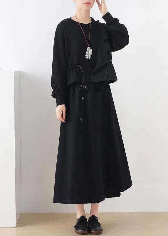 Black O-neck Asymmetrical Design Cinched Sweatshirt