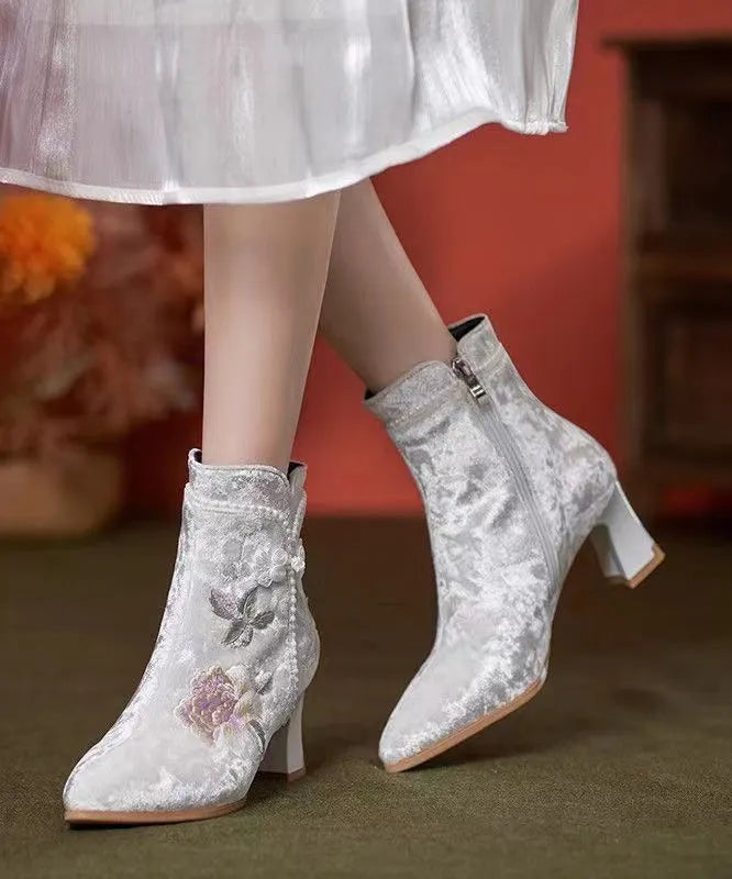 White Embroidery Nail Bead Chunky Heel Boots
