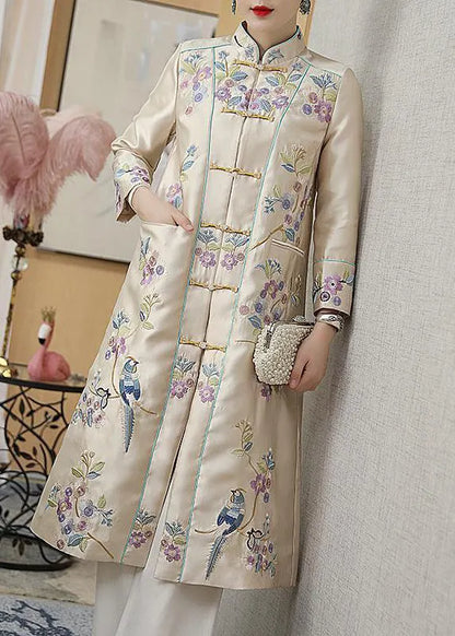 Vogue Champagne Stand Collar Printing Bird Button Pockets Satin Coats Long Sleeve