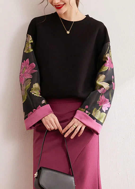 Black O-neck Print Silk Cotton Pullover Fall