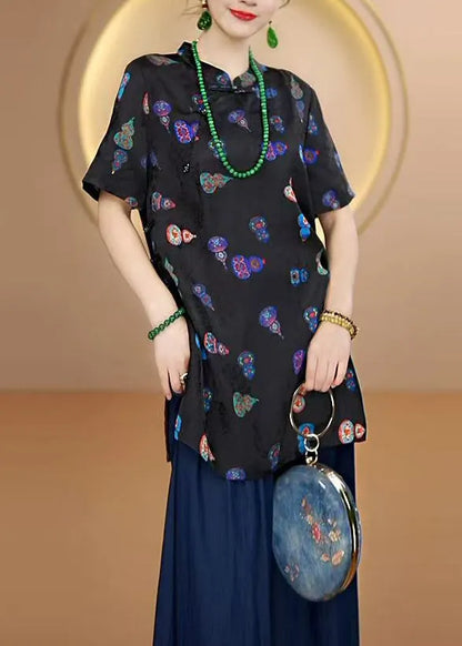 New Black Stand Collar Print Chinese Button Silk Shirt Tops Summer