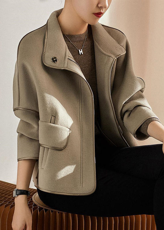 Grey Stand Collar Zippered Patchwork Woolen Coats Fall