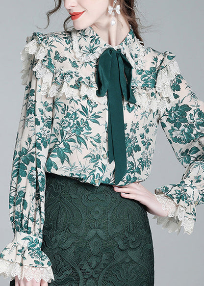 Green Peter Pan Collar Print Button Silk Shirt Long Sleeve