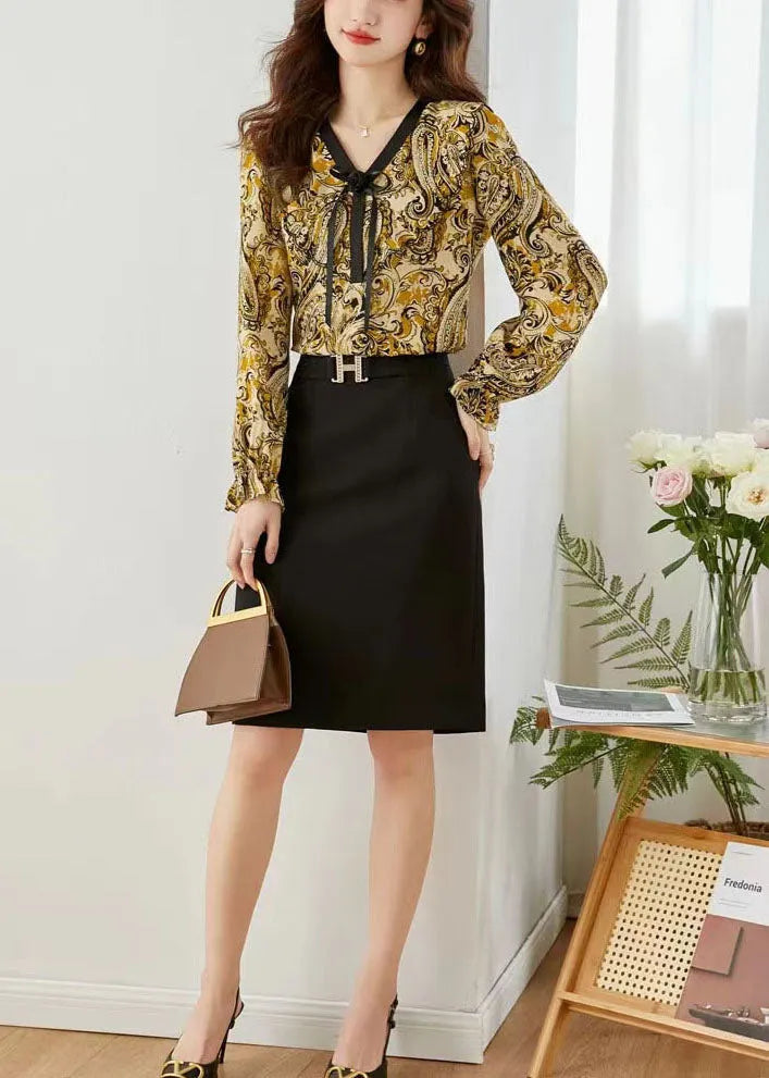 Yellow Print Chiffon Blouse Tops V Neck Lantern Sleeve