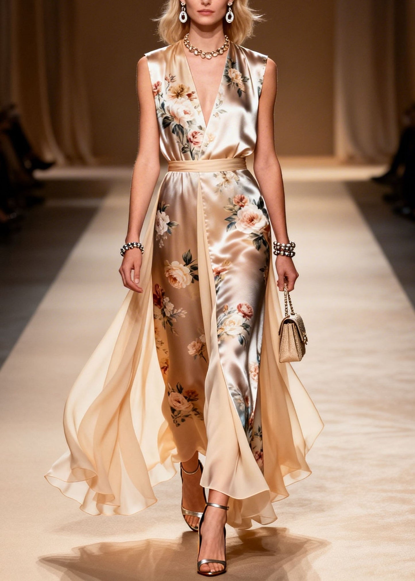 V Neck Print Patchwork Chiffon Dress Sleeveless