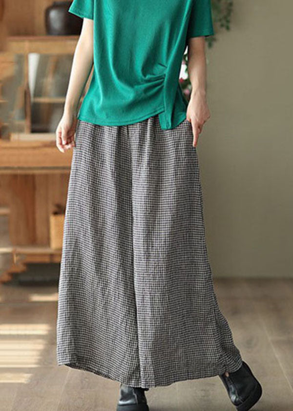 Small Plaid Pockets Patchwork Linen Wide Leg Pants Summer