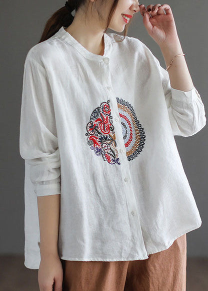 White Loose Linen Shirt Top Low High Design Long Sleeve