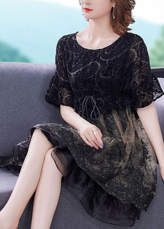 French Black O-neck Patchwork Organza Cinch Dress Summer