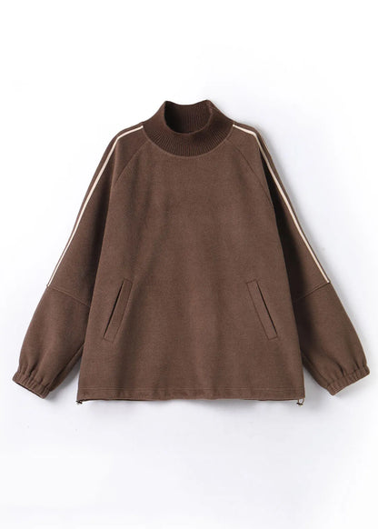 Khaki Striped Patchwork Drawstring Thick Pullover Fall