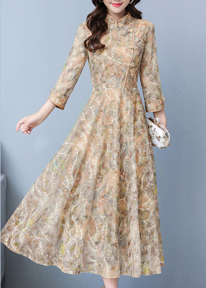 Khaki Print Exra Large Hem Lace Oriental Dresses Fall